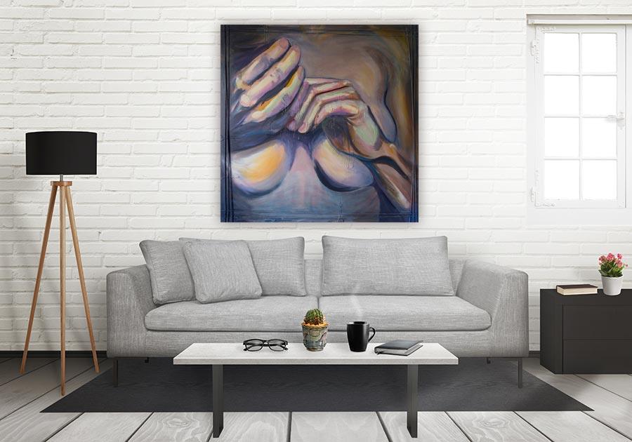 Modern art painting by Tanja Groos titled Undecided in room setting