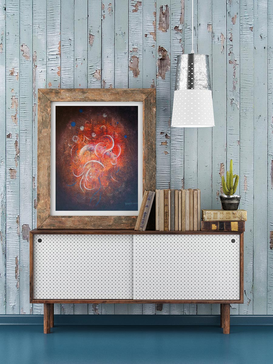 Modern art painting by Tanja Groos titled Molten Aquarium in room setting