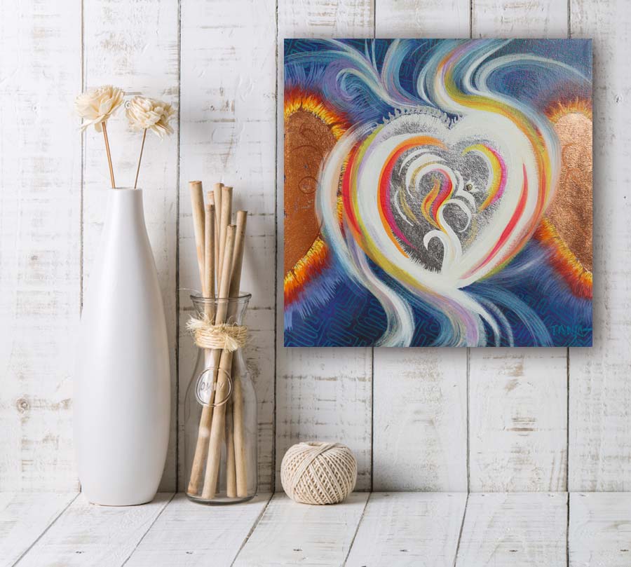 Heart Waves Warm mixed media painting in a room setting.