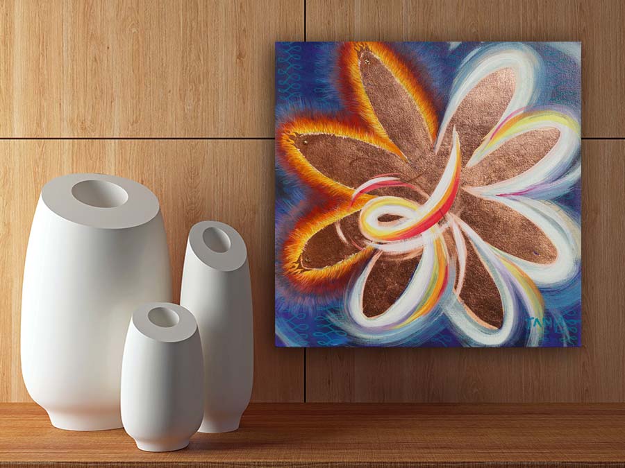 Flower Waves Warm mixed media painting in a room setting.