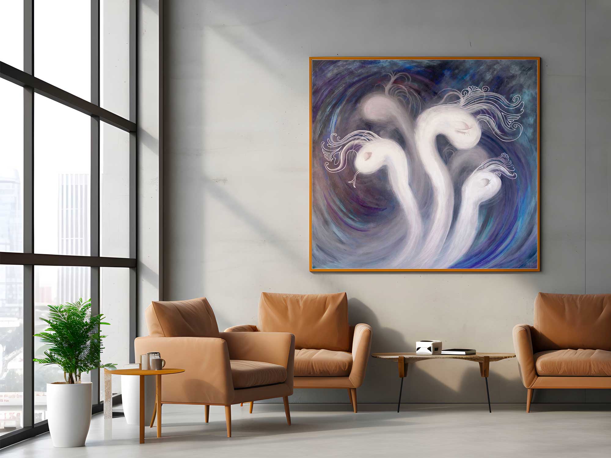 View Phenomenology, an acrylic painting by Canadian artist Tanja Groos, in a contemporary lounge setting.