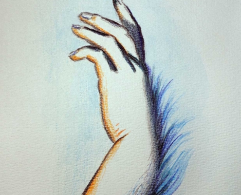 Furry Hand, a mixed media painting from the Creature Doodles series by fine artist Tanja Groos.