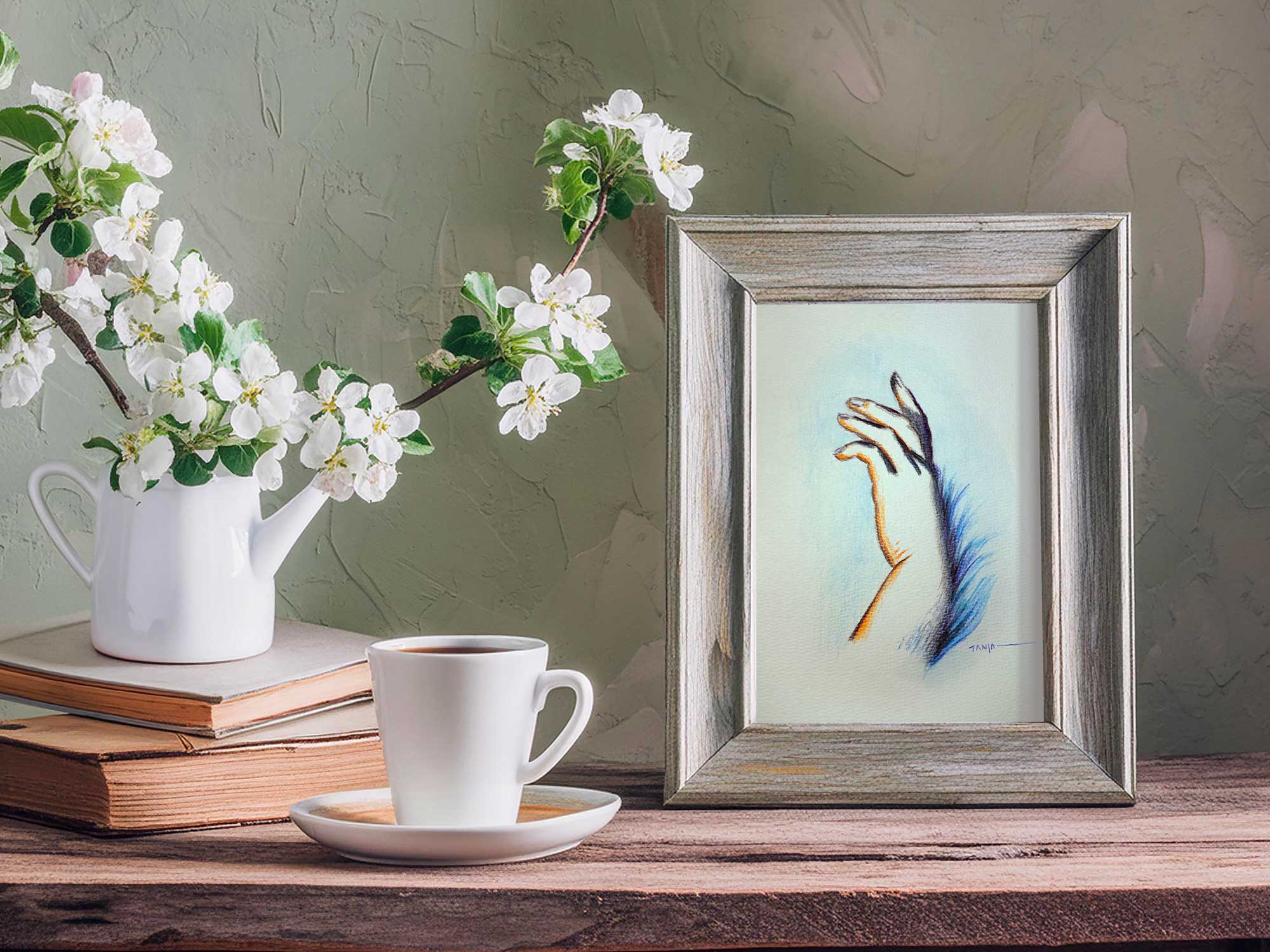 Furry Hand, a mixed media painting from the Creature Doodles series by fine artist Tanja Groos, in a room setting.